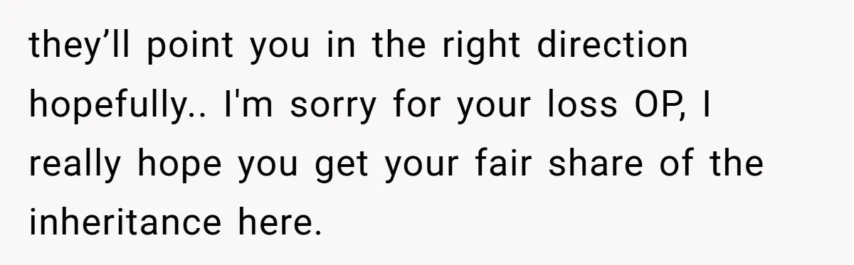 they’ll point you in the right direction hopefully.. I'm sorry for your loss OP, I really hope you get your fair share of the inheritance here.