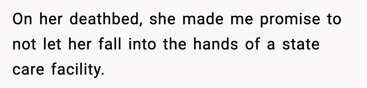 On her deathbed, she made me promise to not let her fall into the hands of a state care facility.