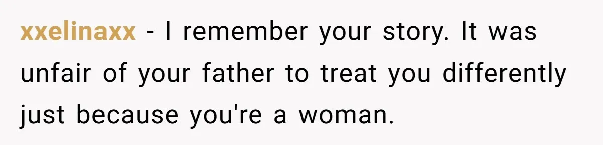xxelinaxx - I remember your story. It was unfair of your father to treat you differently just because you're a woman.