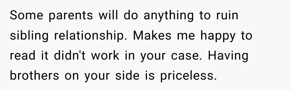 Some parents will do anything to ruin sibling relationship. Makes me happy to read it didn't work in your case. Having brothers on your side is priceless.
