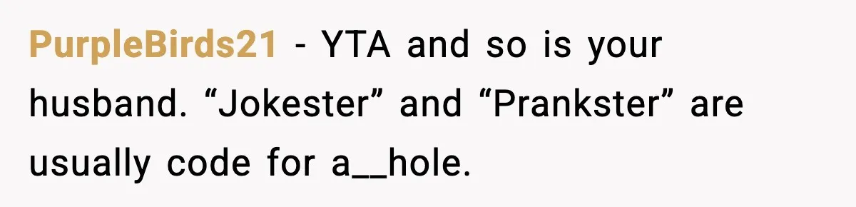PurpleBirds21 − YTA and so is your husband. “Jokester” and “Prankster” are usually code for a__hole.