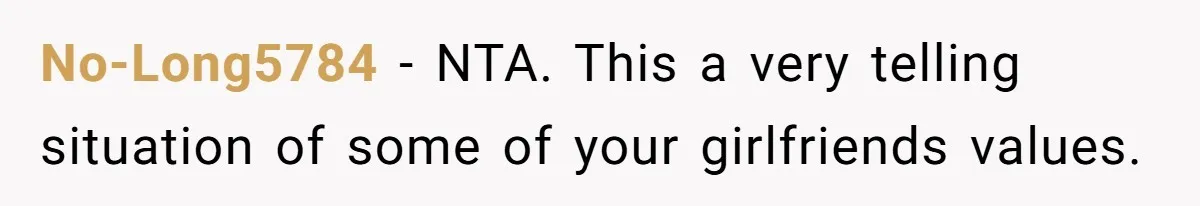 No-Long5784 − NTA. This a very telling situation of some of your girlfriends values.