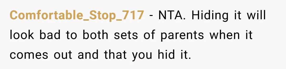 Comfortable_Stop_717 − NTA. Hiding it will look bad to both sets of parents when it comes out and that you hid it.