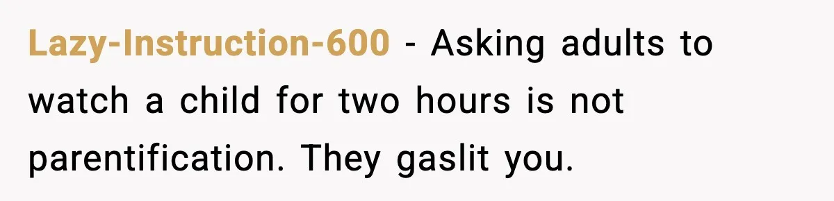 Lazy-Instruction-600 - Asking adults to watch a child for two hours is not parentification. They gaslit you.