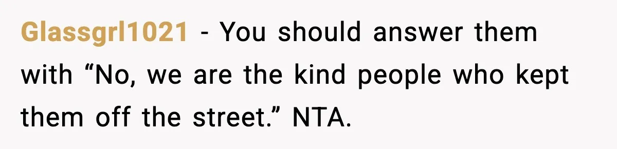 Glassgrl1021 - You should answer them with “No, we are the kind people who kept them off the street.” NTA.