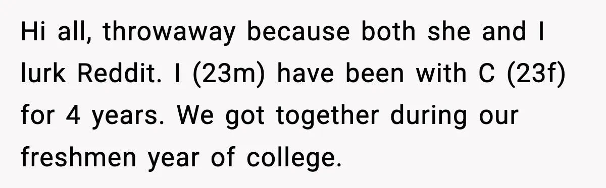 Boyfriend Wonders If He Should Leave After Girlfriend Mocks His Body In Public Hi all, throwaway because both she and I lurk Reddit. I (23m) have been with C (23f) for 4 years. We got together during our freshmen year of college.