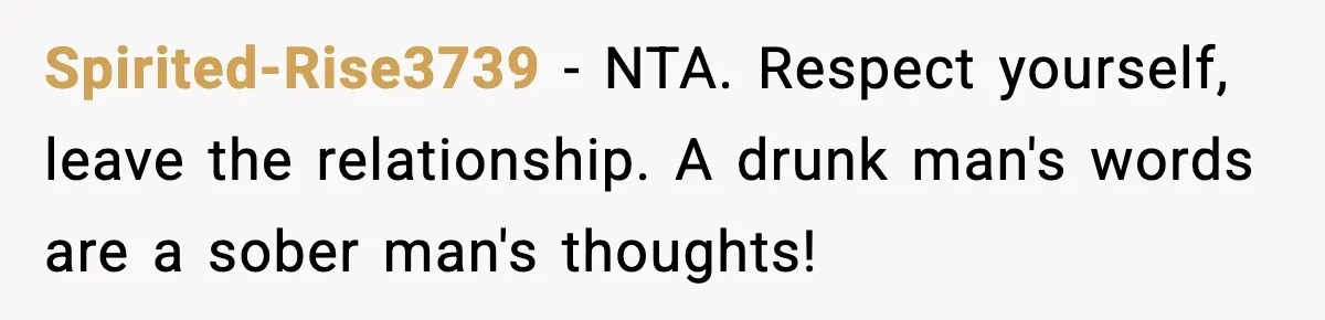 Boyfriend Wonders If He Should Leave After Girlfriend Mocks His Body In Public Spirited-Rise3739 - NTA. Respect yourself, leave the relationship. A drunk man's words are a sober man's thoughts!