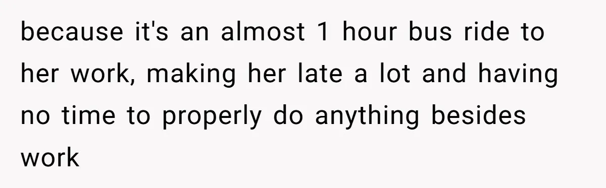 Man Rejects Ex-Wife’s Request for His Car To Help With Her Stress, Now She’s Questioning His Love For Their Kids because it's an almost 1 hour bus ride to her work, making her late a lot and having no time to properly do anything besides work