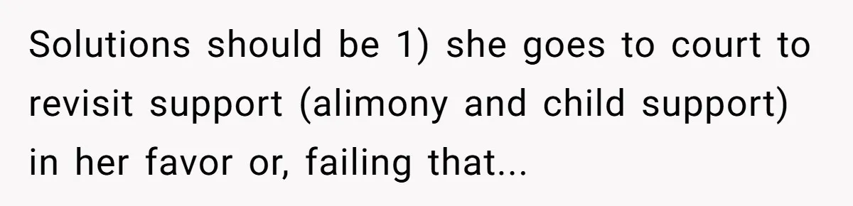 Man Rejects Ex-Wife’s Request for His Car To Help With Her Stress, Now She’s Questioning His Love For Their Kids Solutions should be 1) she goes to court to revisit support (alimony and child support) in her favor or, failing that...