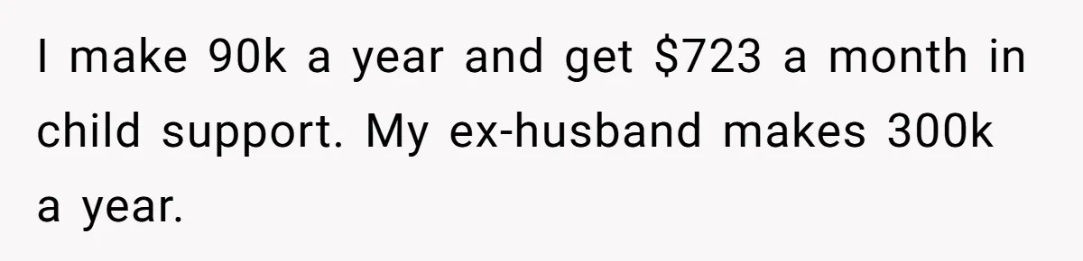 Man Rejects Ex-Wife’s Request for His Car To Help With Her Stress, Now She’s Questioning His Love For Their Kids I make 90k a year and get $723 a month in child support. My ex-husband makes 300k a year.
