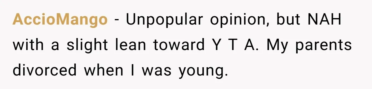 Man Rejects Ex-Wife’s Request for His Car To Help With Her Stress, Now She’s Questioning His Love For Their Kids AccioMango − Unpopular opinion, but NAH with a slight lean toward Y T A. My parents divorced when I was young.