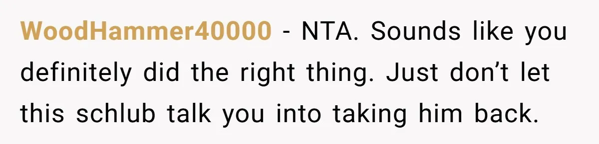WoodHammer40000 − NTA. Sounds like you definitely did the right thing. Just don’t let this schlub talk you into taking him back.