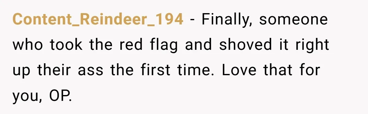 Content_Reindeer_194 − Finally, someone who took the red flag and shoved it right up their ass the first time. Love that for you, OP.