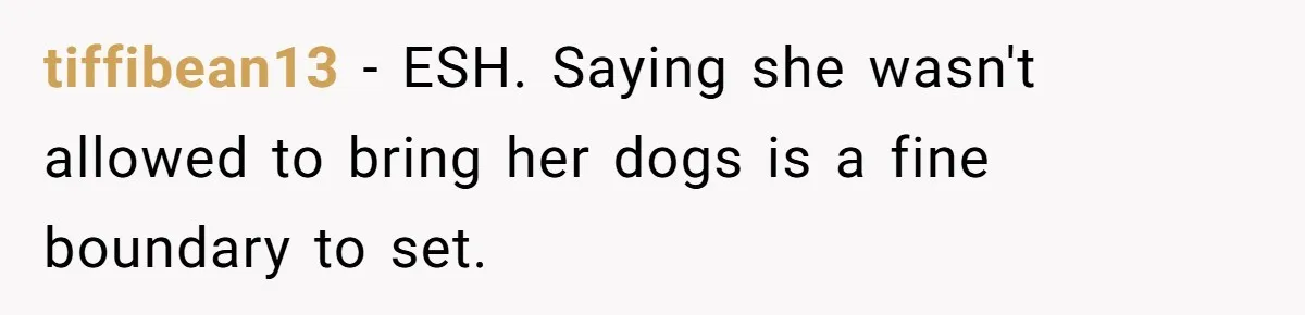 tiffibean13 − ESH. Saying she wasn't allowed to bring her dogs is a fine boundary to set.