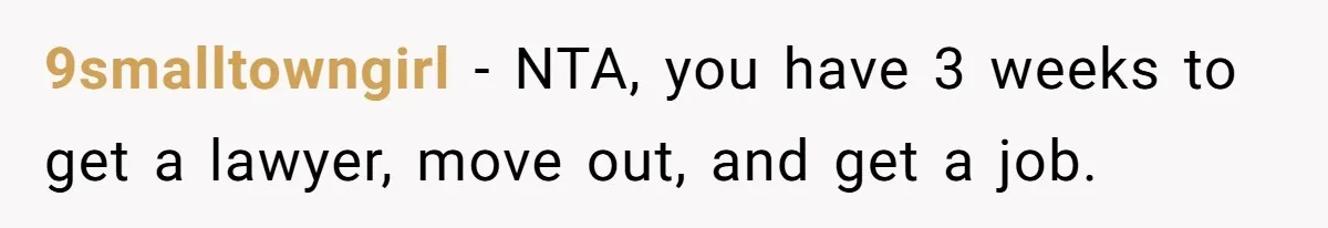 9smalltowngirl − NTA, you have 3 weeks to get a lawyer, move out, and get a job.