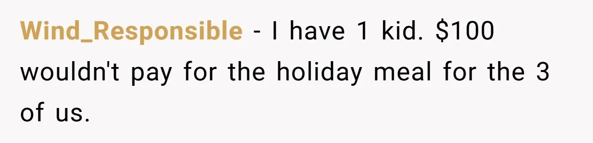 Wind_Responsible − I have 1 kid. $100 wouldn't pay for the holiday meal for the 3 of us.