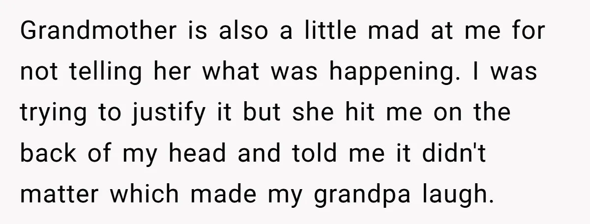 Grandmother is also a little mad at me for not telling her what was happening. I was trying to justify it but she hit me on the back of my...