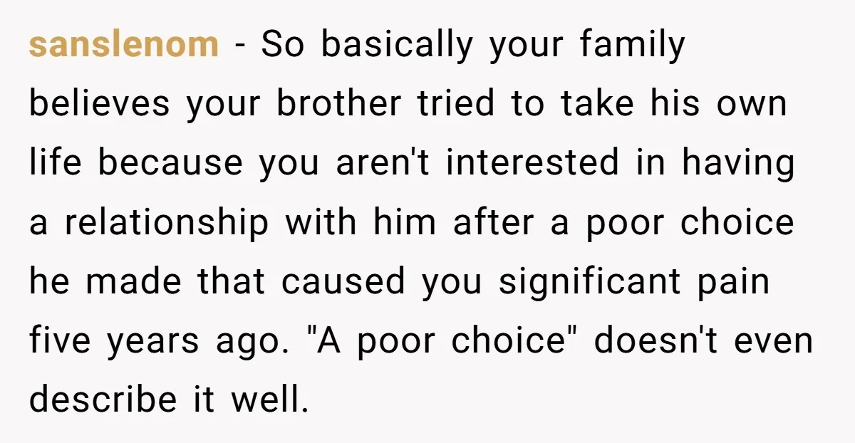 sanslenom − So basically your family believes your brother tried to take his own life because you aren't interested in having a relationship with him after a poor choice he...