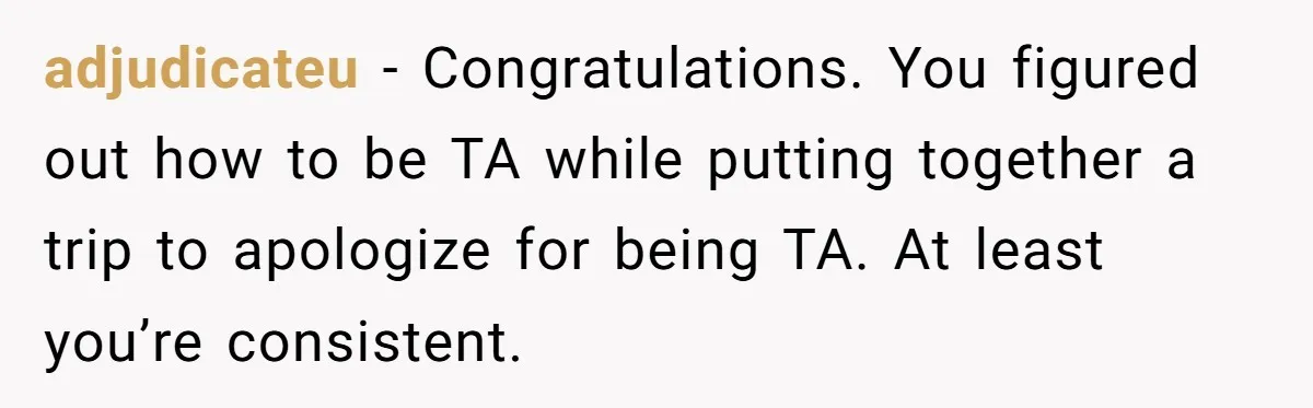 adjudicateu − Congratulations. You figured out how to be TA while putting together a trip to apologize for being TA. At least you’re consistent.