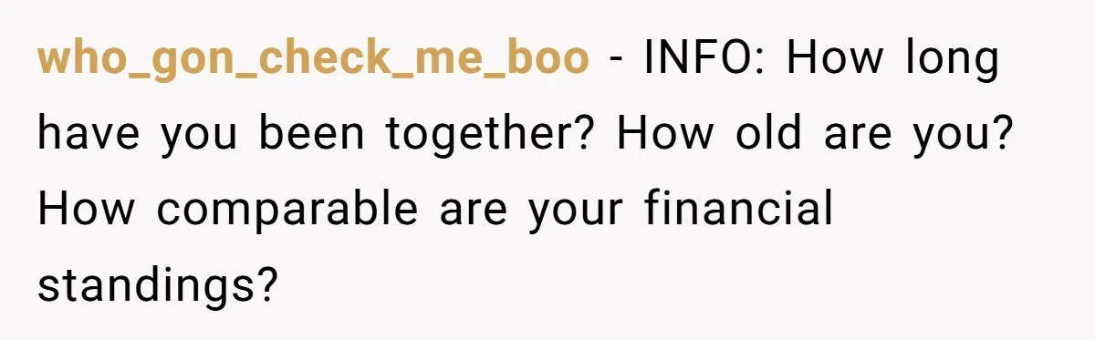 who_gon_check_me_boo − INFO: How long have you been together? How old are you? How comparable are your financial standings?