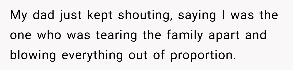 My dad just kept shouting, saying I was the one who was tearing the family apart and blowing everything out of proportion.