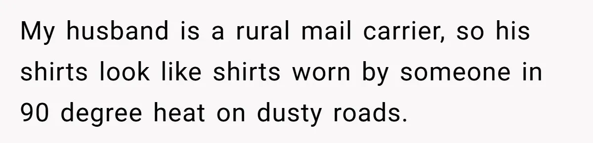 Coworker Shames Married Woman For “Bad Wife Duties,” Gets Hit With A Brutal Reality Check My husband is a rural mail carrier, so his shirts look like shirts worn by someone in 90 degree heat on dusty roads.