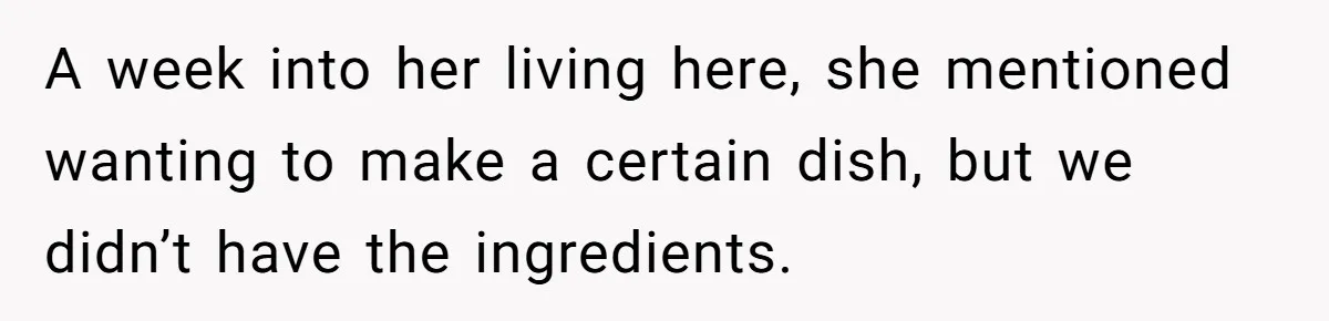 A week into her living here, she mentioned wanting to make a certain dish, but we didn’t have the ingredients.