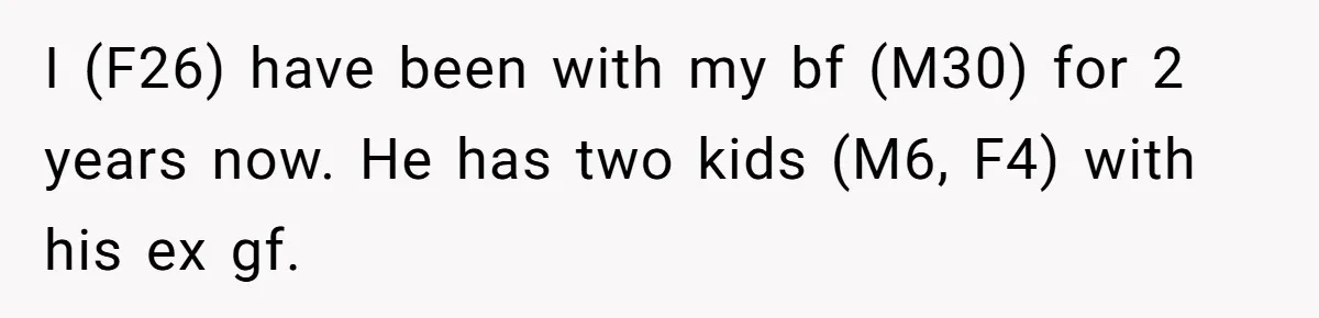 I (F26) have been with my bf (M30) for 2 years now. He has two kids (M6, F4) with his ex gf.