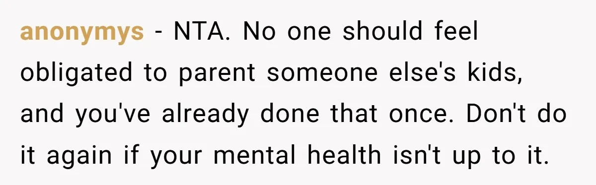 anonymys − NTA. No one should feel obligated to parent someone else's kids, and you've already done that once. Don't do it again if your mental health isn't up to...