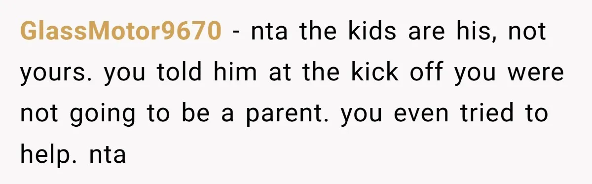 GlassMotor9670 − nta the kids are his, not yours. you told him at the kick off you were not going to be a parent. you even tried to help. nta