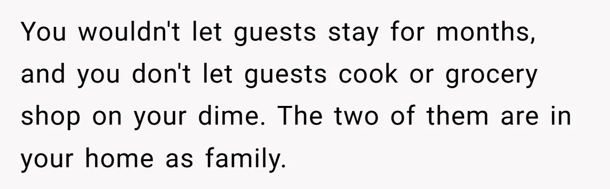 You wouldn't let guests stay for months, and you don't let guests cook or grocery shop on your dime. The two of them are in your home as family.