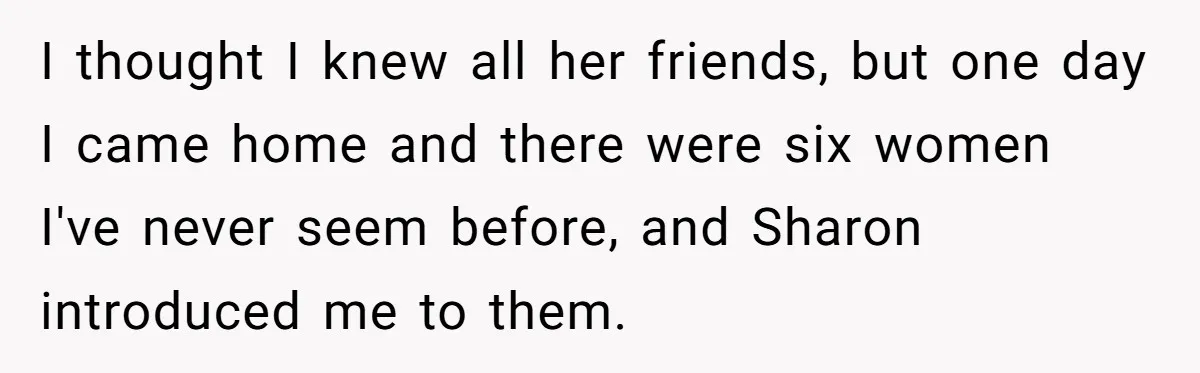 I thought I knew all her friends, but one day I came home and there were six women I've never seem before, and Sharon introduced me to them.