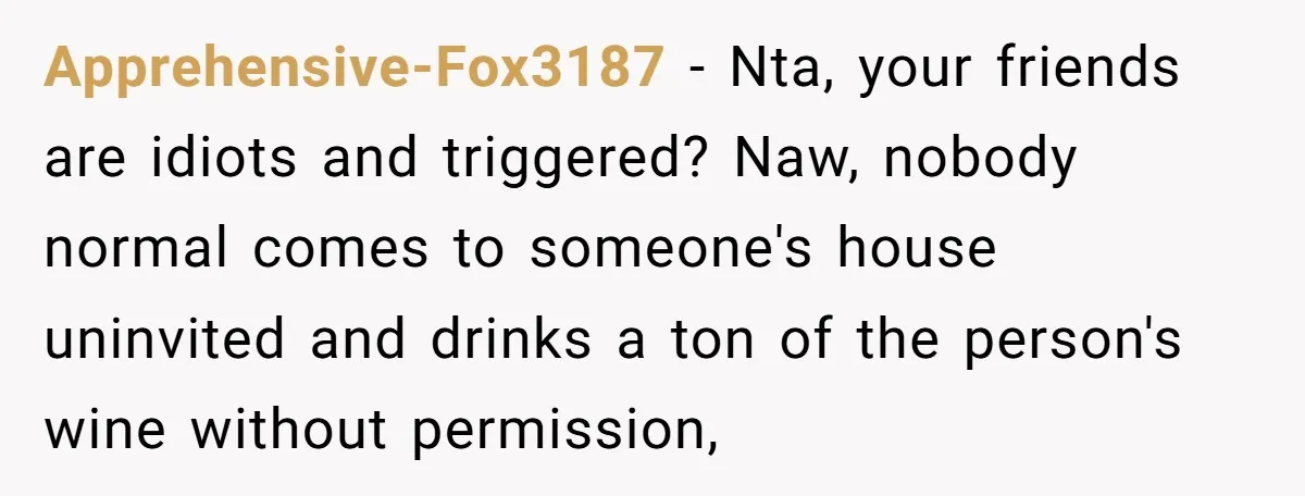 Apprehensive-Fox3187 − Nta, your friends are idiots and triggered? Naw, nobody normal comes to someone's house uninvited and drinks a ton of the person's wine without permission,