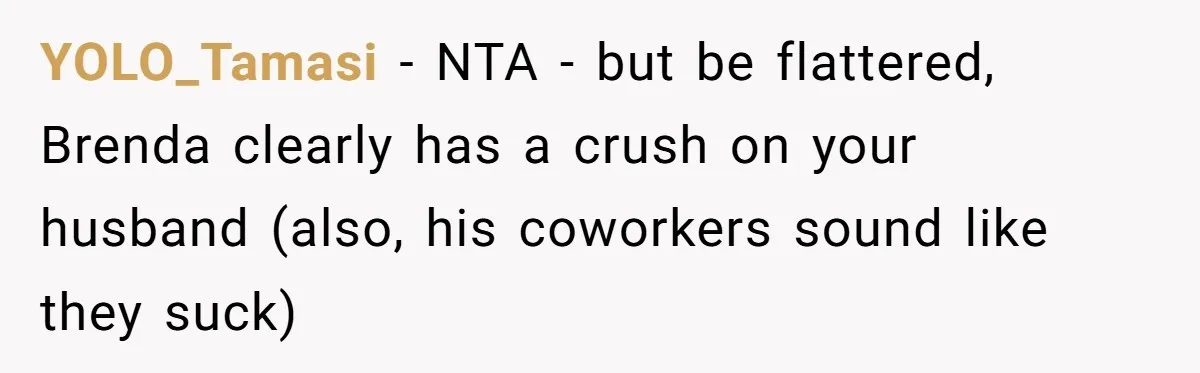 Coworker Shames Married Woman For “Bad Wife Duties,” Gets Hit With A Brutal Reality Check YOLO_Tamasi − NTA - but be flattered, Brenda clearly has a crush on your husband (also, his coworkers sound like they suck)