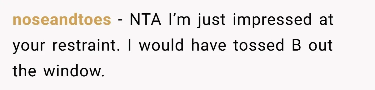 noseandtoes − NTA I’m just impressed at your restraint. I would have tossed B out the window.