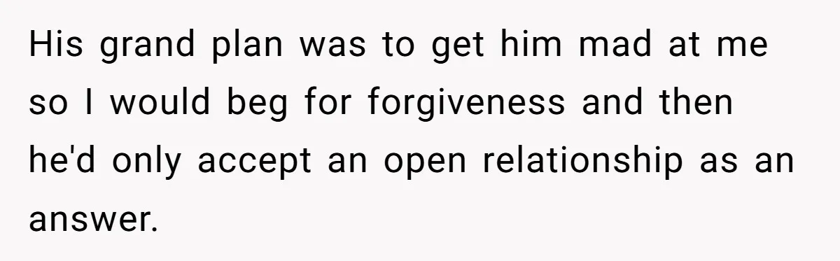 His grand plan was to get him mad at me so I would beg for forgiveness and then he'd only accept an open relationship as an answer.