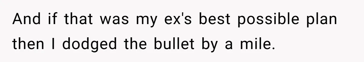 And if that was my ex's best possible plan then I dodged the bullet by a mile.