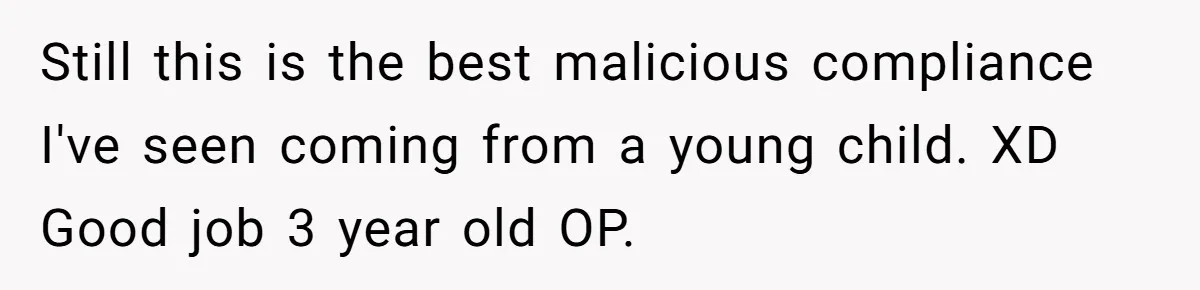 Still this is the best malicious compliance I've seen coming from a young child. XD Good job 3 year old OP.
