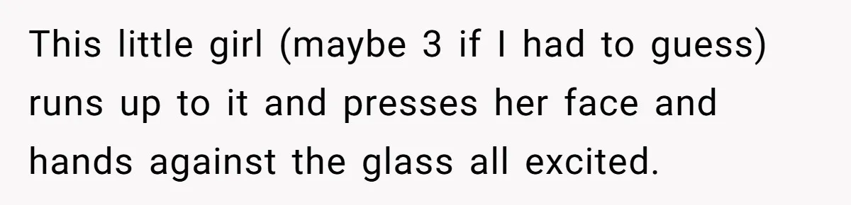 This little girl (maybe 3 if I had to guess) runs up to it and presses her face and hands against the glass all excited.