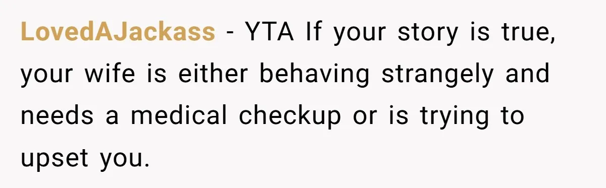 LovedAJackass − YTA If your story is true, your wife is either behaving strangely and needs a medical checkup or is trying to upset you.