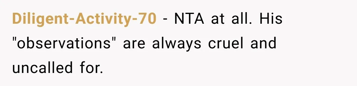 Woman Snaps At Christmas Dinner After Husband Comments On Her Post-Baby Body, Family Watches In Shock Diligent-Activity-70 − NTA at all. His "observations" are always cruel and uncalled for.