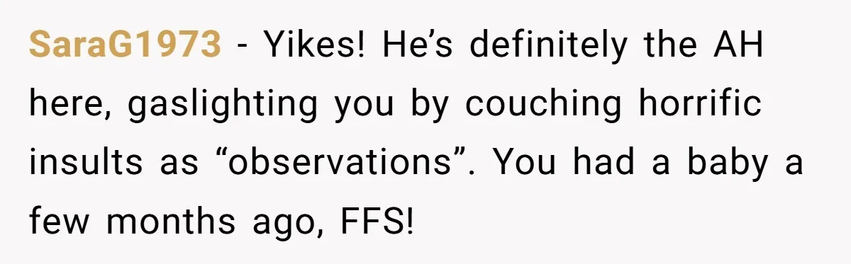 Woman Snaps At Christmas Dinner After Husband Comments On Her Post-Baby Body, Family Watches In Shock SaraG1973 − Yikes! He’s definitely the AH here, gaslighting you by couching horrific insults as “observations”. You had a baby a few months ago, FFS!