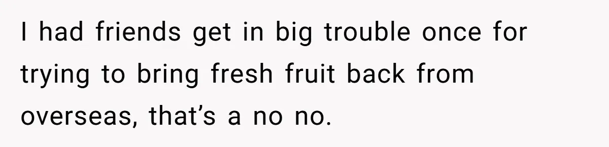 I had friends get in big trouble once for trying to bring fresh fruit back from overseas, that’s a no no.