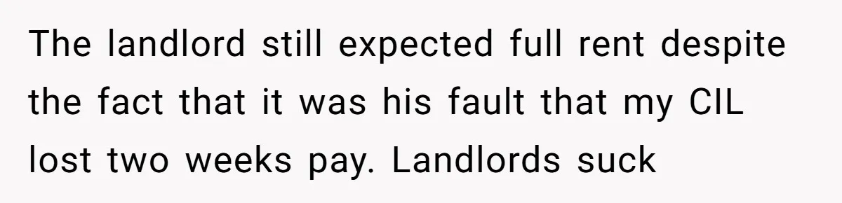 The landlord still expected full rent despite the fact that it was his fault that my CIL lost two weeks pay. Landlords suck