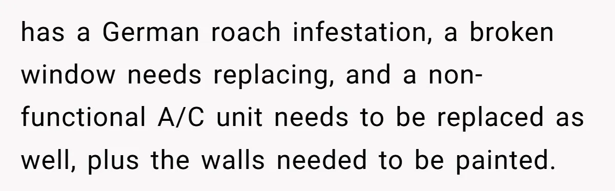 has a German roach infestation, a broken window needs replacing, and a non-functional A/C unit needs to be replaced as well, plus the walls needed to be painted.