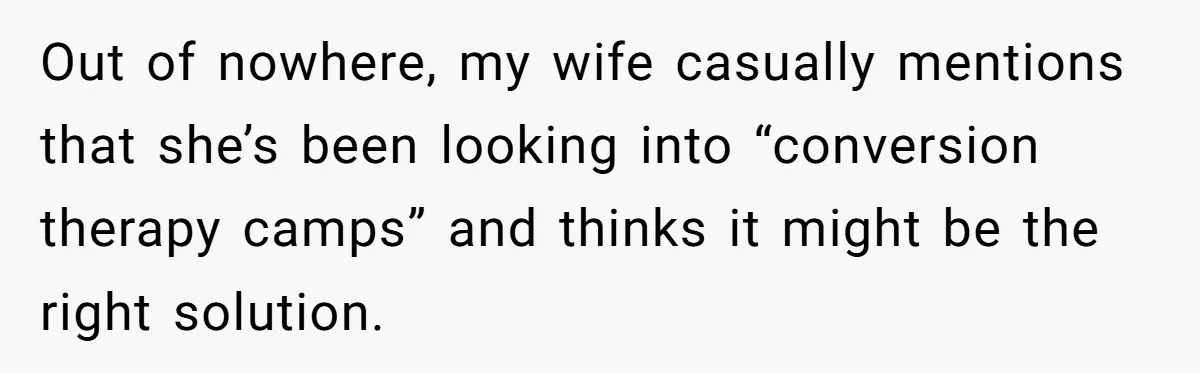 Out of nowhere, my wife casually mentions that she’s been looking into “conversion therapy camps” and thinks it might be the right solution.