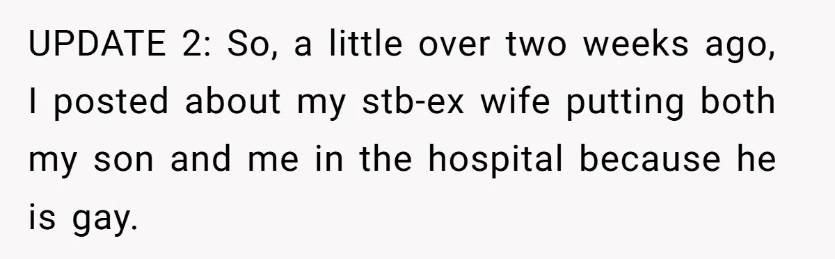UPDATE 2: So, a little over two weeks ago, I posted about my stb-ex wife putting both my son and me in the hospital because he is gay.
