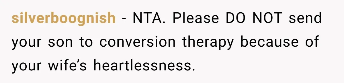 silverboognish − NTA. Please DO NOT send your son to conversion therapy because of your wife’s heartlessness.