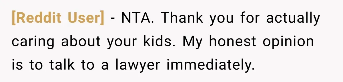 [Reddit User] − NTA. Thank you for actually caring about your kids. My honest opinion is to talk to a lawyer immediately.