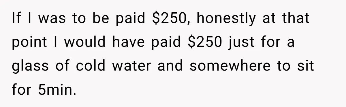 If I was to be paid $250, honestly at that point I would have paid $250 just for a glass of cold water and somewhere to sit for 5min.